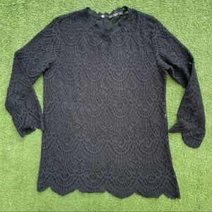 Zara lace top long sleeve black Preowned size large on trend brunch casual